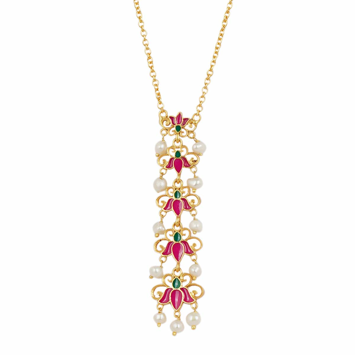 Lotus Garden Pendant Necklace in Pink Enamel