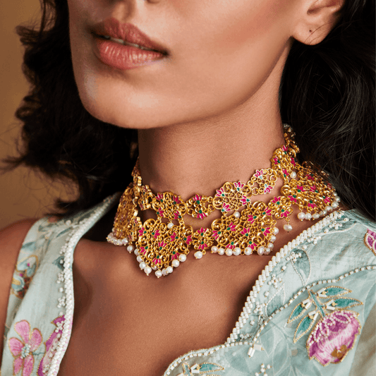 Naaz Lotus Choker Necklace in Pink Enamel