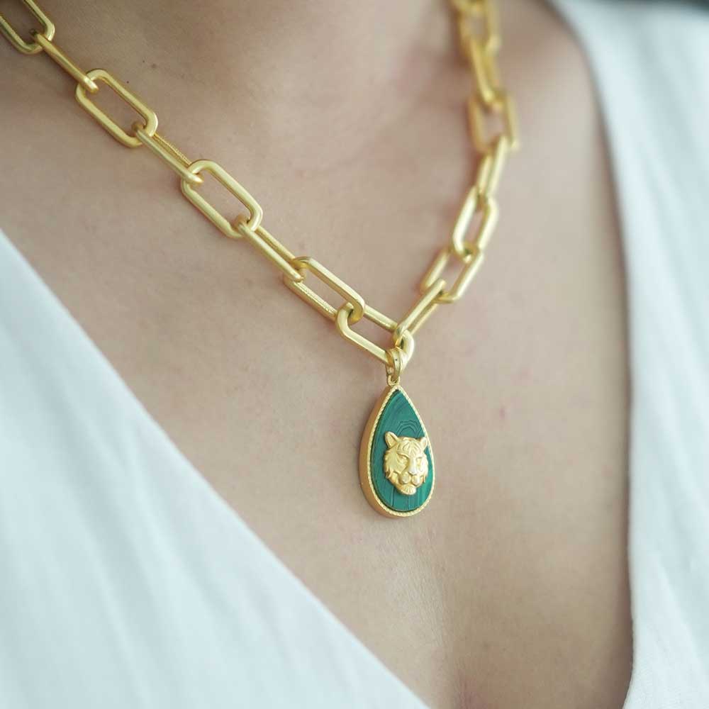 Tigris Charm Tiger Link Necklace with Malachite